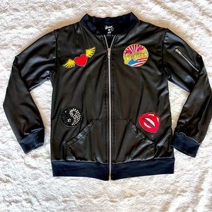 Flowers By Zoe Black Faux Leather Jacket with patches. Girls 6x
